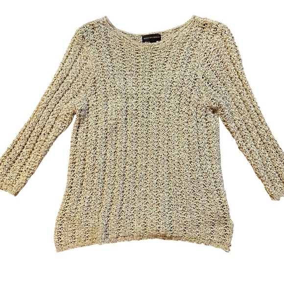 Dana Buchman Open Knit Crochet Sweater Size L Oatmeal Built in Camisole Boho - Picture 1 of 14